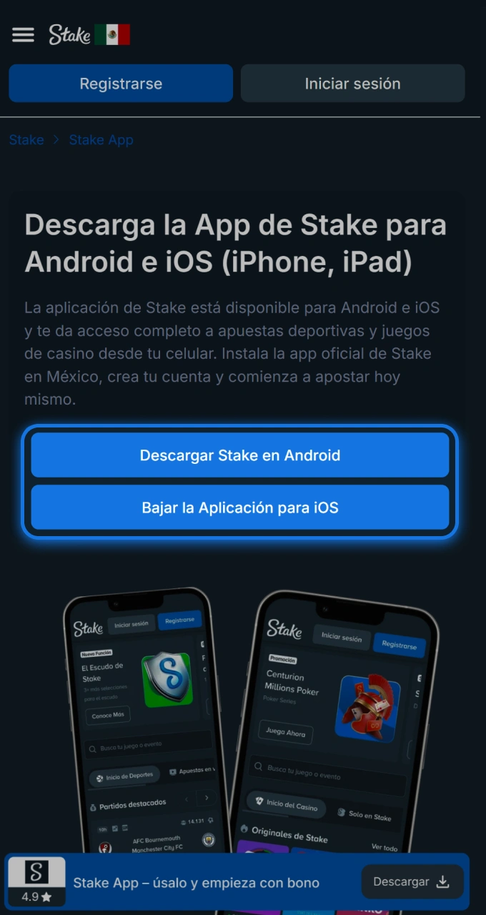 Descarga la aplicación Stake de última generación para realizar apuestas en Android e iOS.