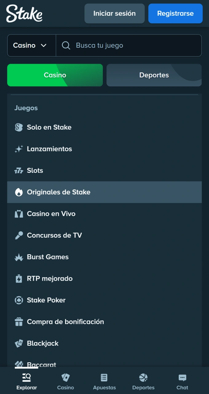 Explora las distintas categorías y los juegos exclusivos disponibles en la interfaz de la aplicación de Stake сasino.