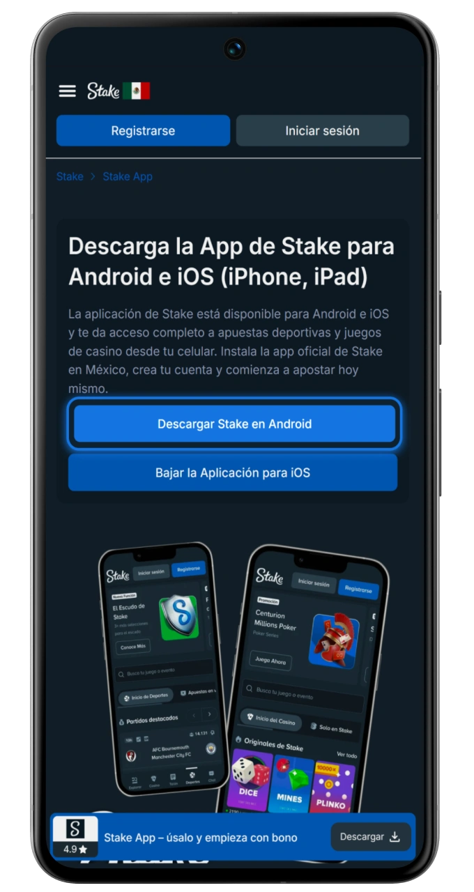 Visita el sitio web móvil oficial para comenzar a descargar la aplicación Stake.
