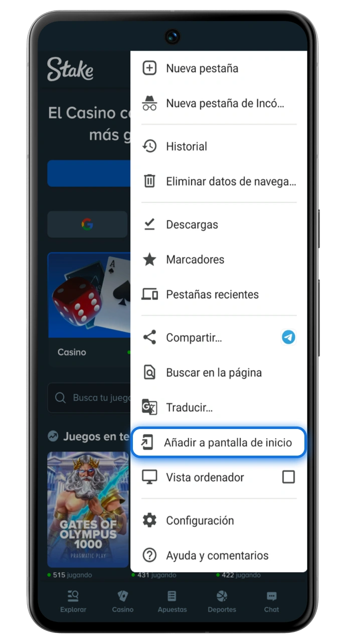 Abre el menú desplegable de tu navegador para añadir fácilmente la aplicación Stake.