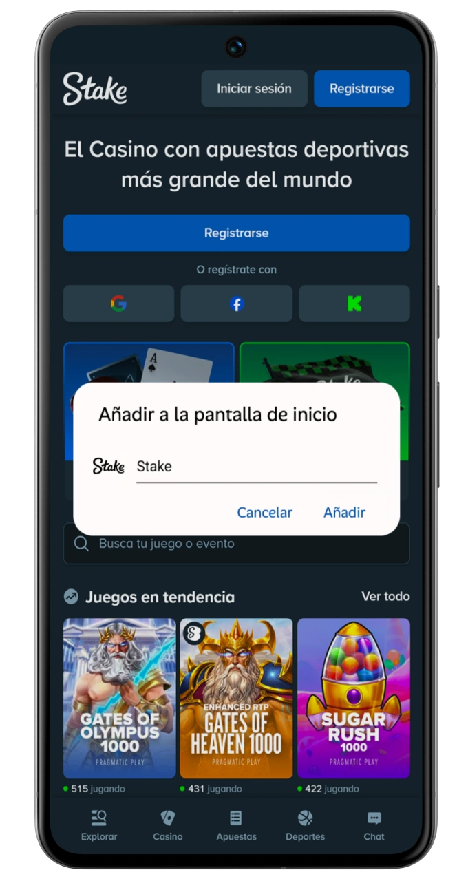Confirma la instalación añadiendo el acceso directo de Stake a tu pantalla de inicio.