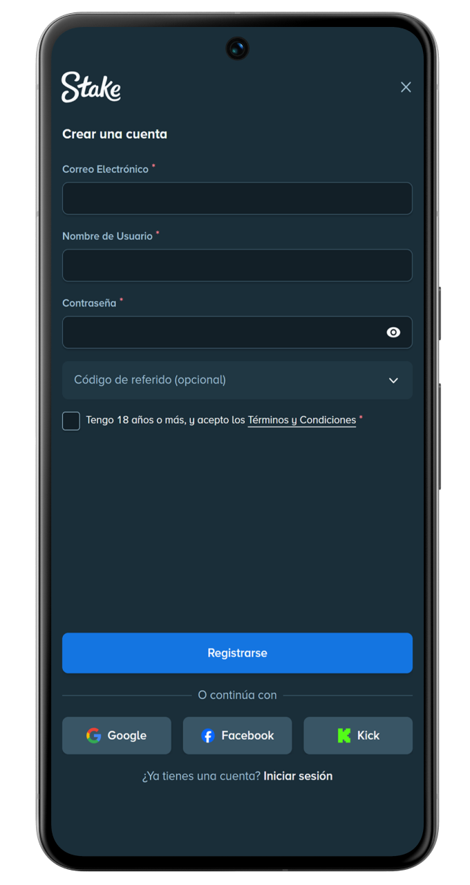 Completa el formulario de registro para abrir una nueva cuenta en Stake сasino.
