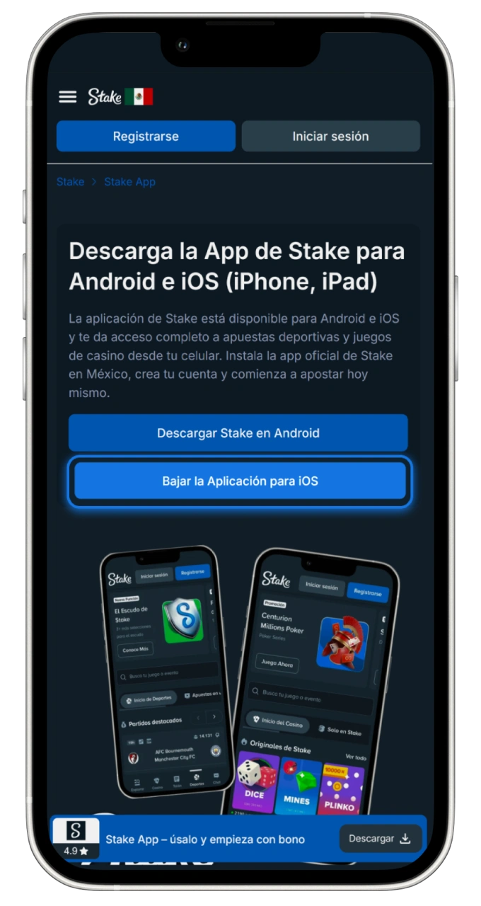 Haz clic en el botón de descarga diseñado para iOS en la plataforma Stake.
