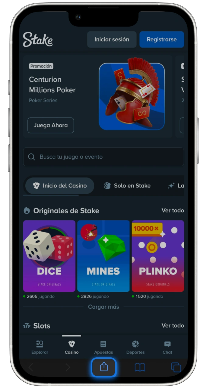 Haz clic en el icono de Compartir que aparece a continuación para comenzar a instalar la aplicación Stake.