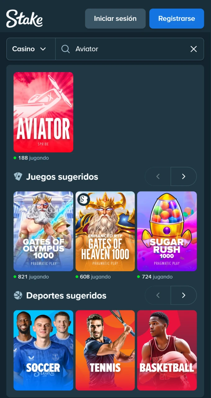 Utiliza la barra de búsqueda para encontrar rápidamente el juego Aviator en Stake Casino.