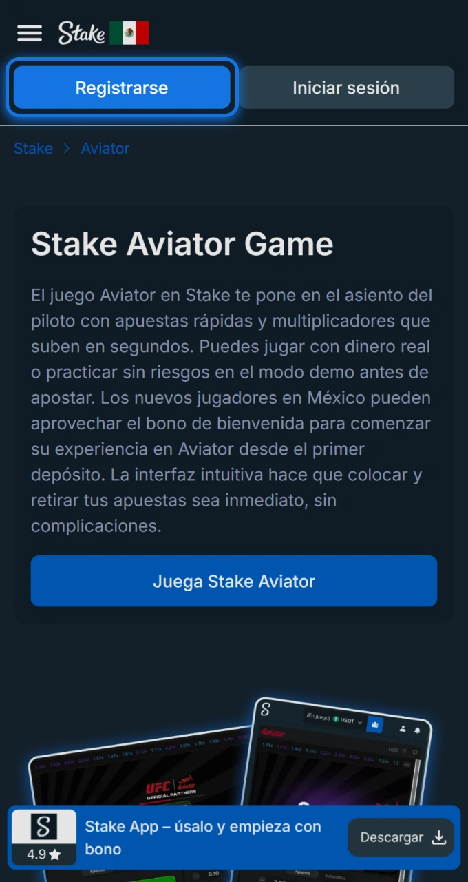Haz clic en el botón azul para comenzar tu emocionante aventura en Aviator Stake.
