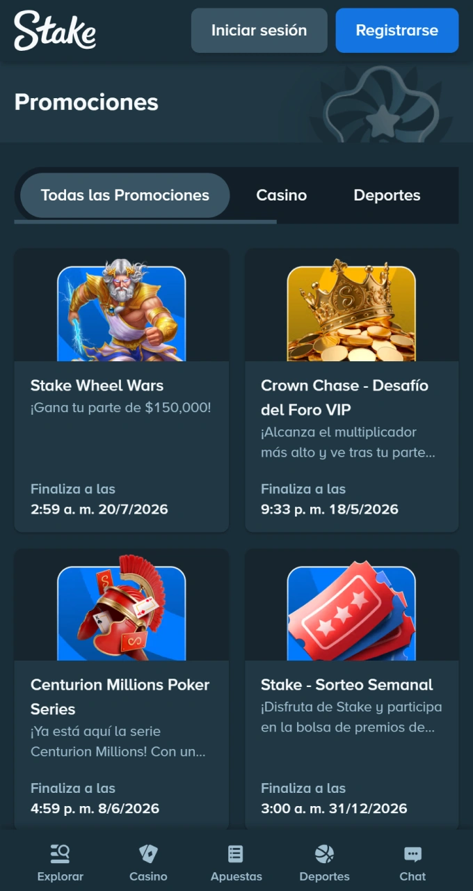 Explora la sección de ofertas y elige los bonos que más te convengan en Stake сasino.