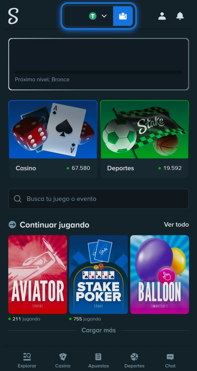 Abre el menú de tu monedero para consultar el saldo de tu casino Stake.