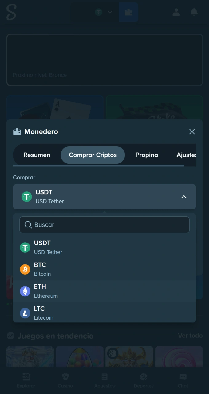Amplía la lista y selecciona tu criptomoneda favorita para operar en Stake сasino.