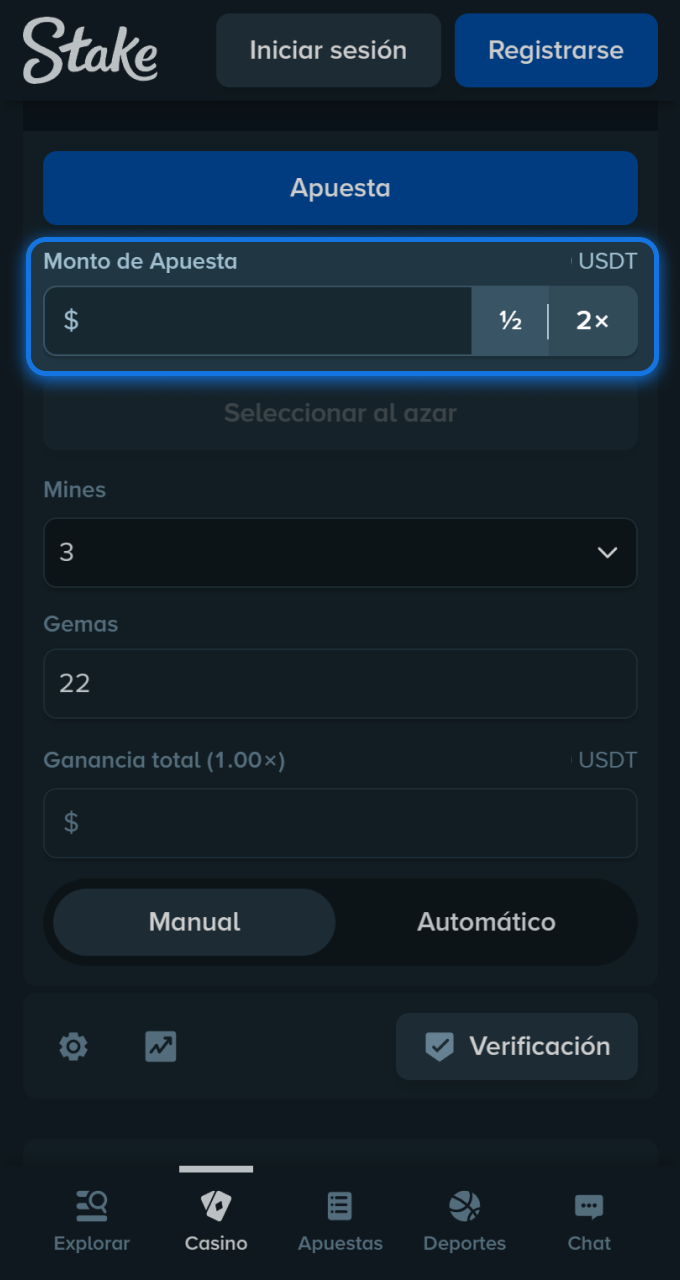 En el juego Mines de Stake Casino, puedes establecer fácilmente la cantidad deseada para tu próxima partida.