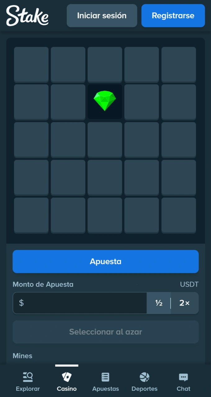 Comienza el juego abriendo celdas con éxito para ganar premios en Mines casino Stake.