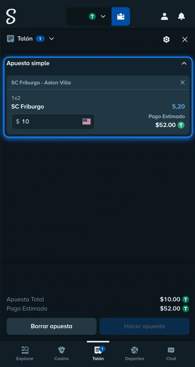 Introduce la cantidad que deseas apostar en tu boleto de apuestas en el sitio web de Stake.