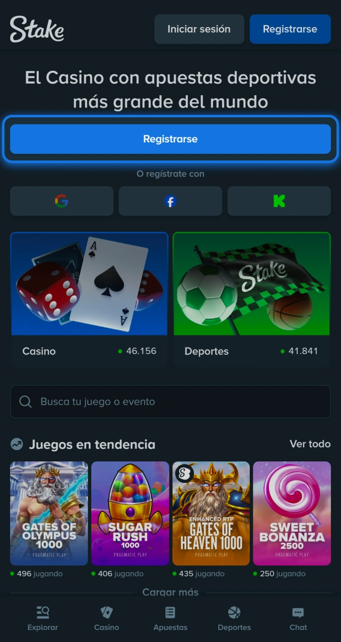 Haz clic en el botón de registro para comenzar tu aventura en Stake casino.