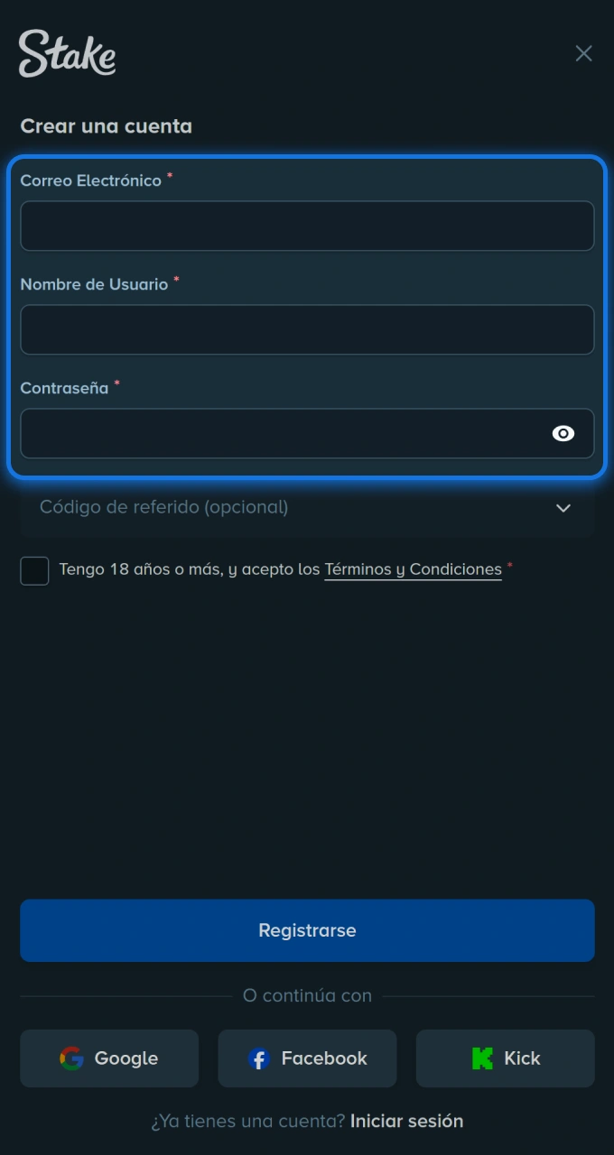 Introduce tus datos en el formulario de registro para comenzar tu aventura en Stake casino.