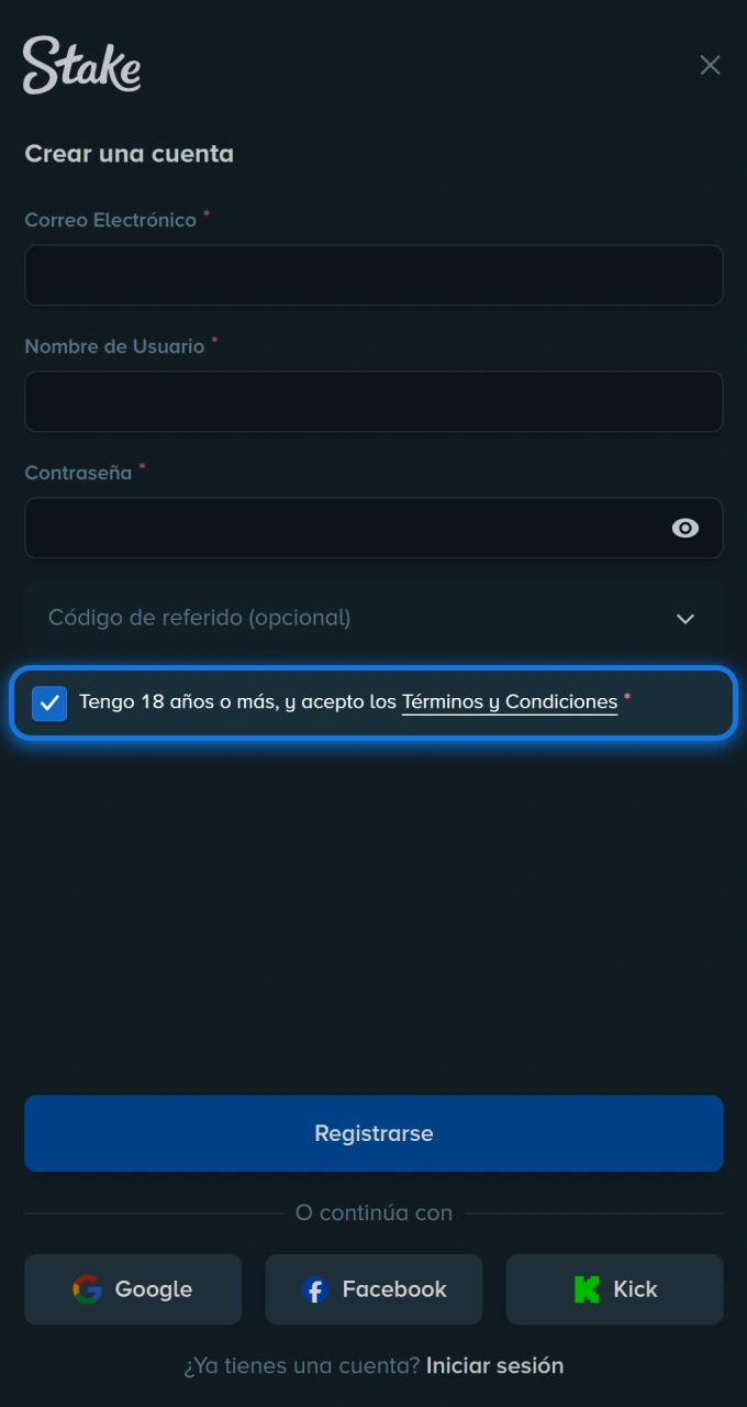 Acepta los términos de uso para formar parte de la comunidad de Stake casino.