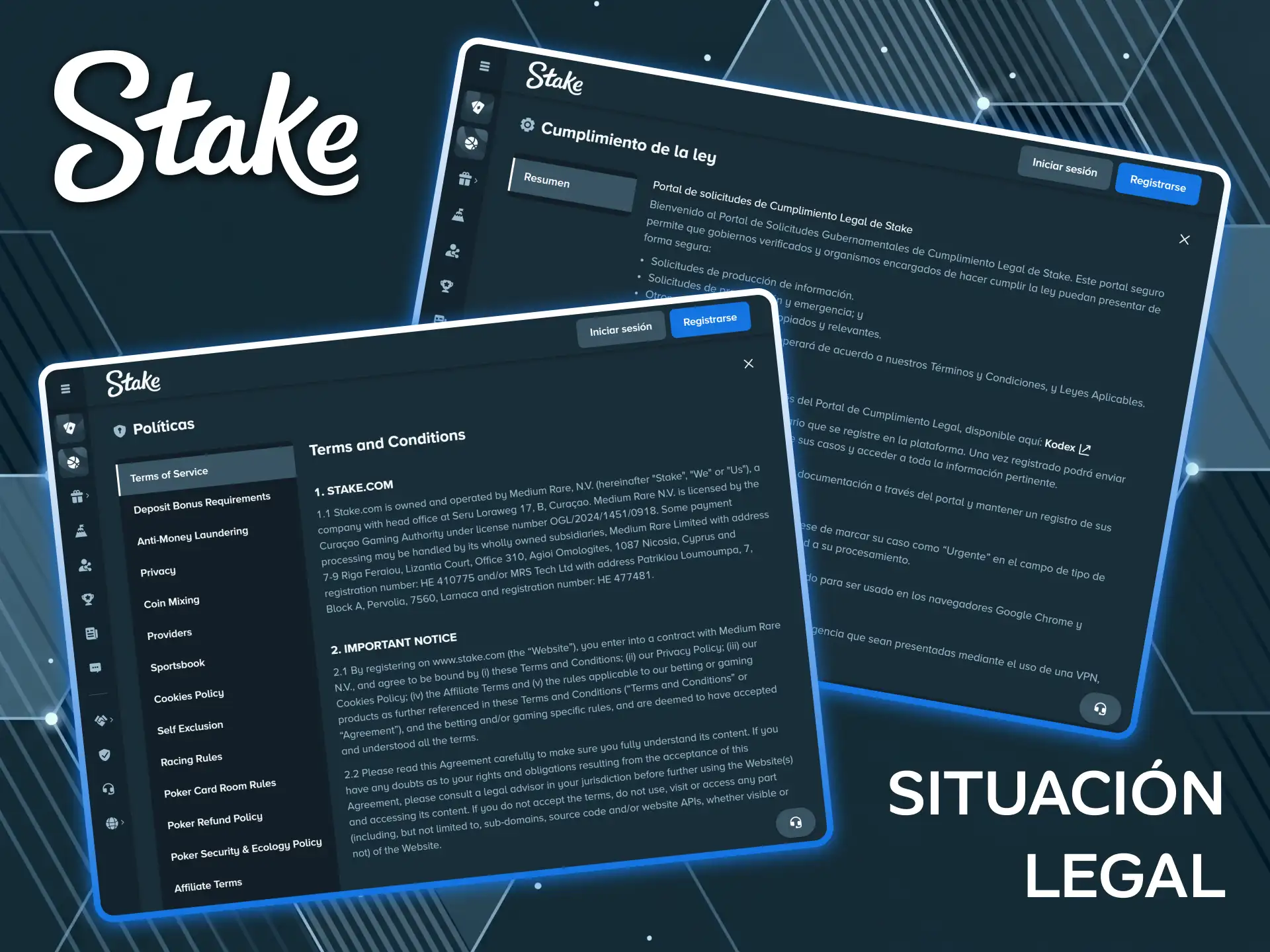 Infórmese sobre el marco legal transparente de Stake y sus políticas de juego seguras.